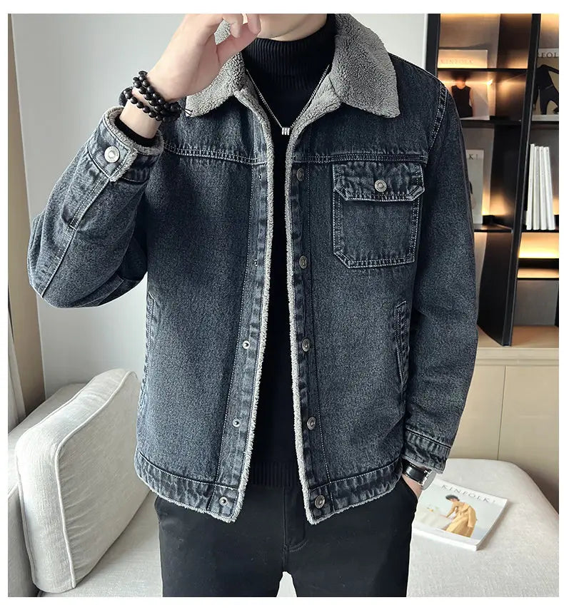 Men Denim Jacket Men Fleece Trendy Winter Velvet Coats 2025 Men Korean Slims Casual Thick Jacket Male Lamb Fur Casual Outerwear