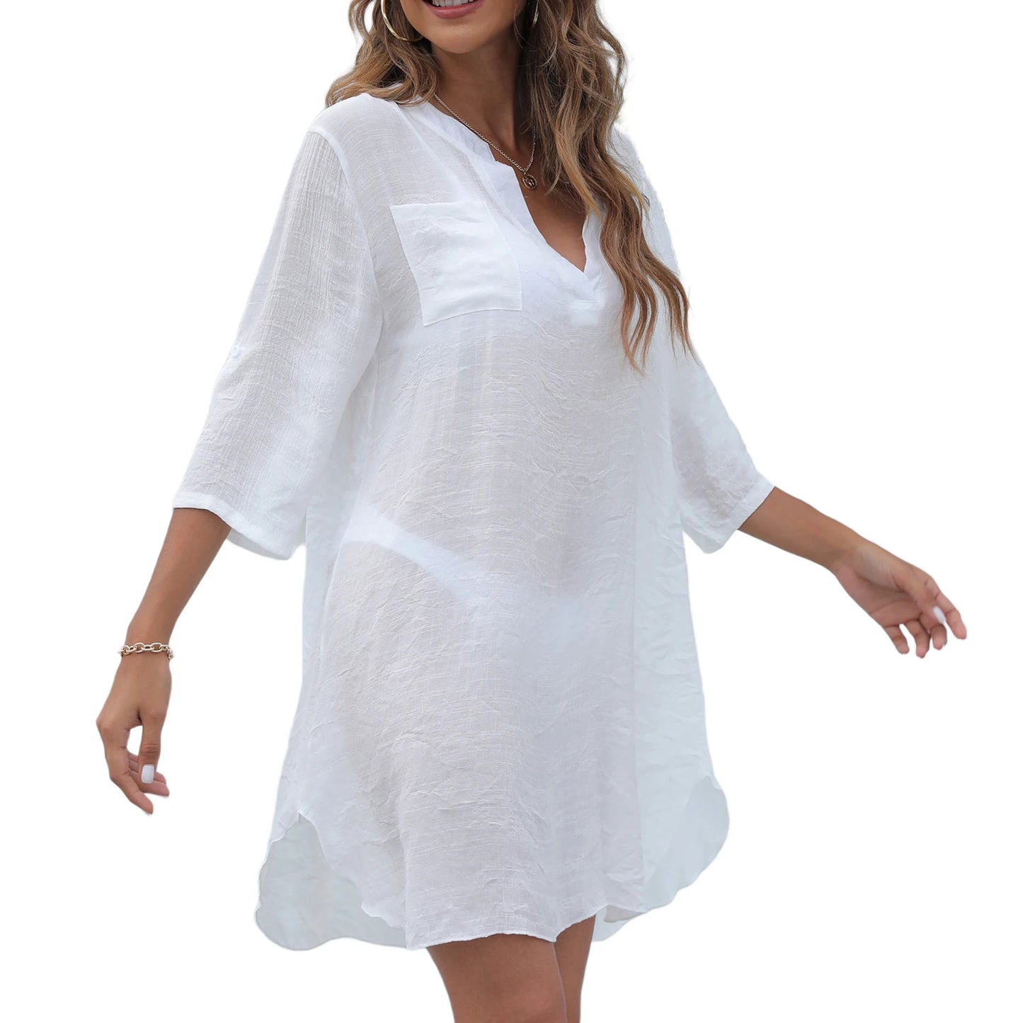 Women Bathing Suit Bikini Cover Up Swimsuit Dress Swimming Smock T Shirt Summer V Neck Beach Dress Swimwear Sarong Dress
