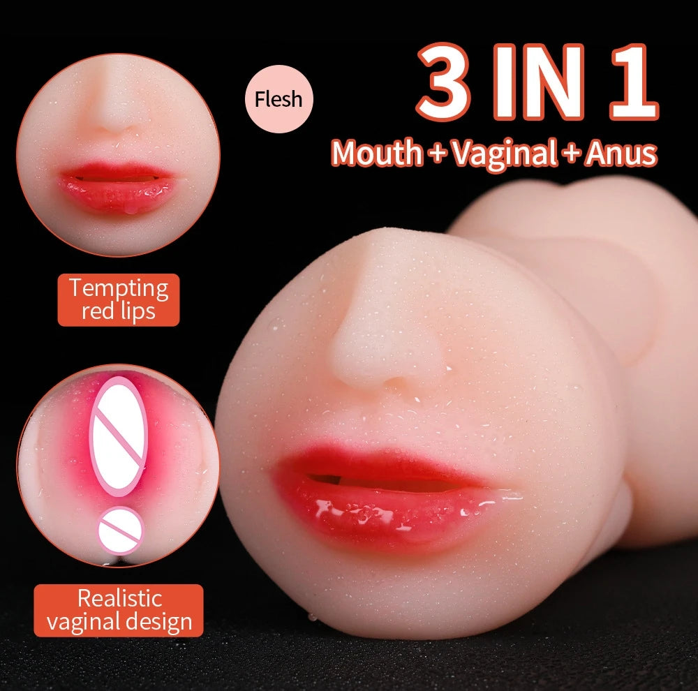 3-in-1 Male Masturbator - Deep Throat + Artificial Real Pussy + Realistic Rubber Vagina, Oral Blowjob Toy