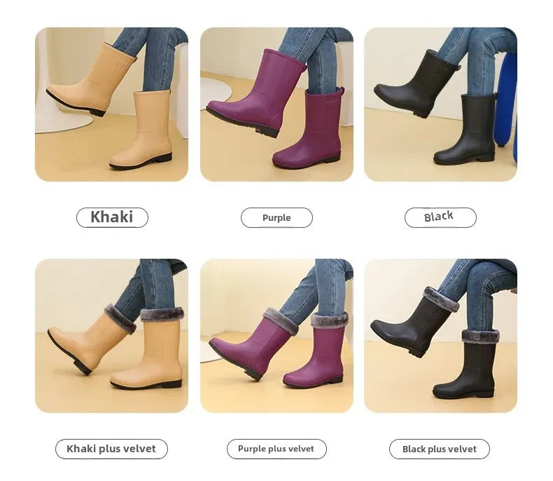 Fashionable Women's Mid-Calf Rain Boots Fleece Lined Anti-Slip Half Boots Adult Rain Shoes Wholesale From China Land