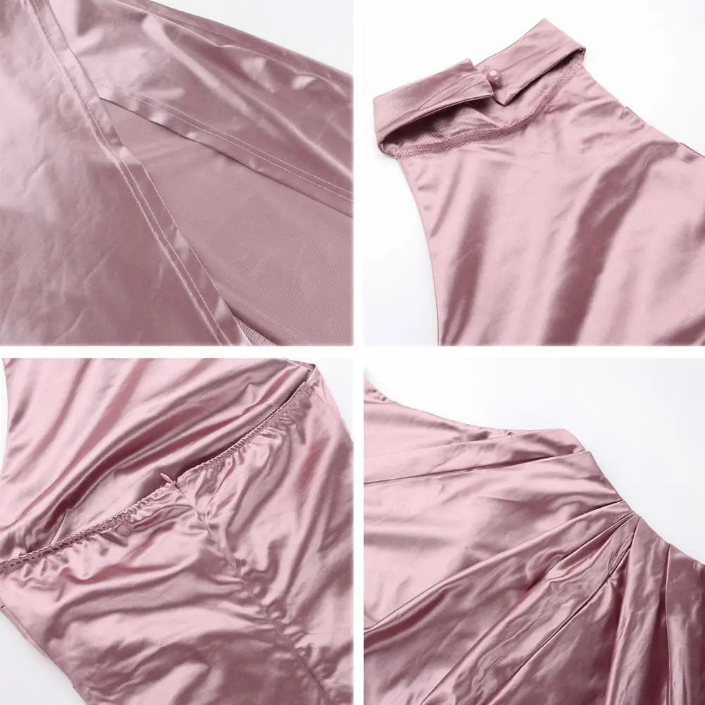 Women Party Dress Elegant Halter Neck Off Shoulder Sleeveless Ball Gown Solid Color Pleated High Slit Floor Length Satin Dress