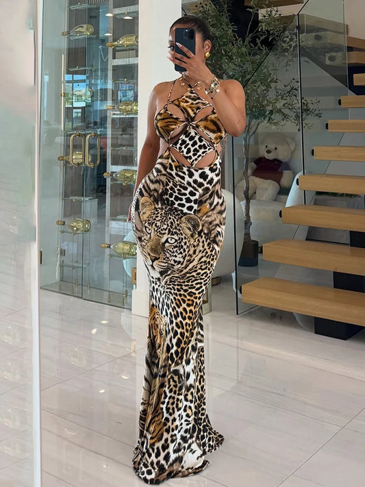 Sisterlinda Sexy Backless Dress Women Hollow Tiger Print Sleeveless Stretch Turtleneck Midnight Prom Party Clubwear Long Bodycon