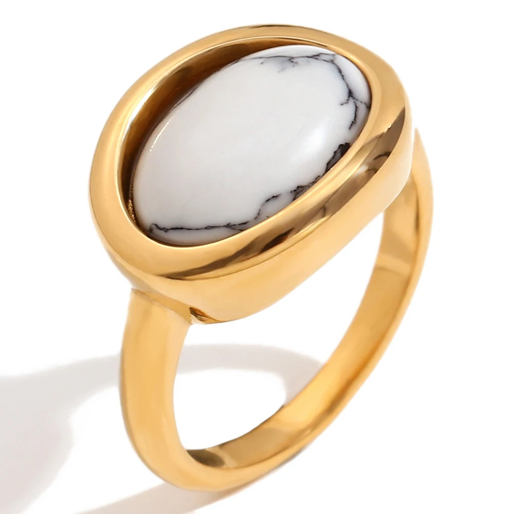 E.B.belle Minimalist Style Gemstone Ring Oval Shape Natural Stone 18k Gold Plated Stainless Steel Jewelry For Women Party GIft