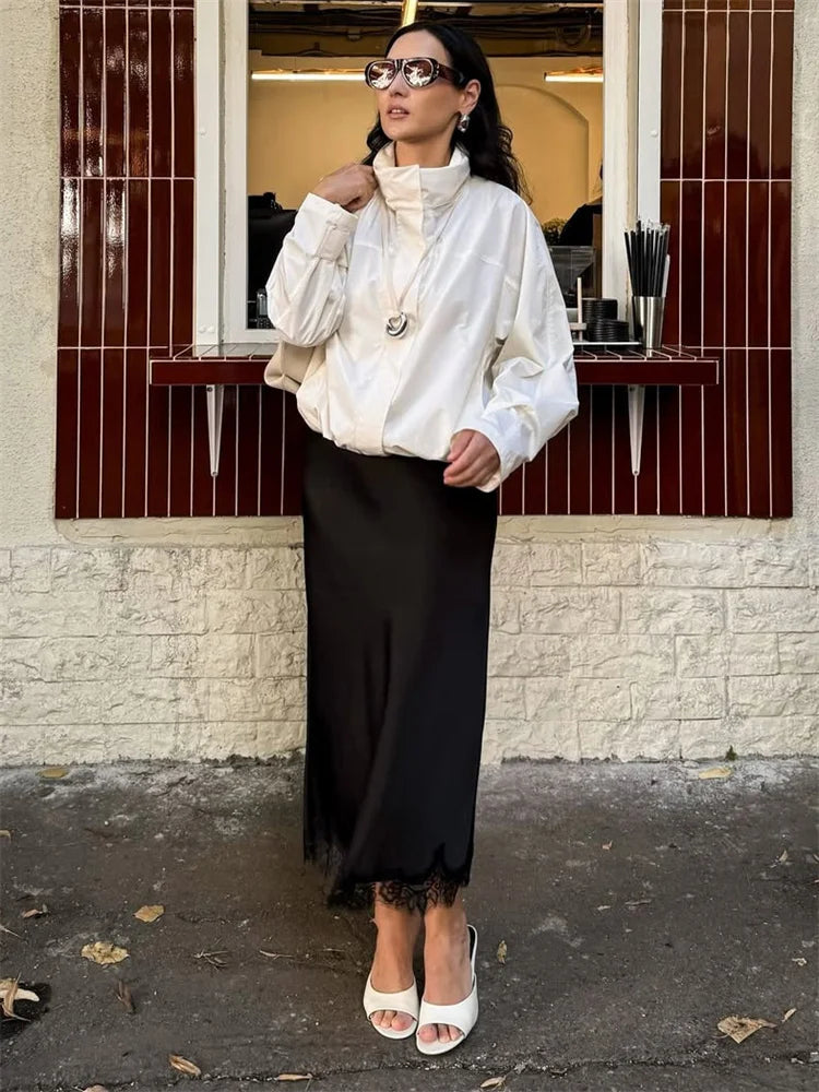 Tossy Fashion Autumn Lace Maxi Skirt For Women High Waist Slim Satin Elegant Commute Party Looks Female Printed Lace Long Skirt