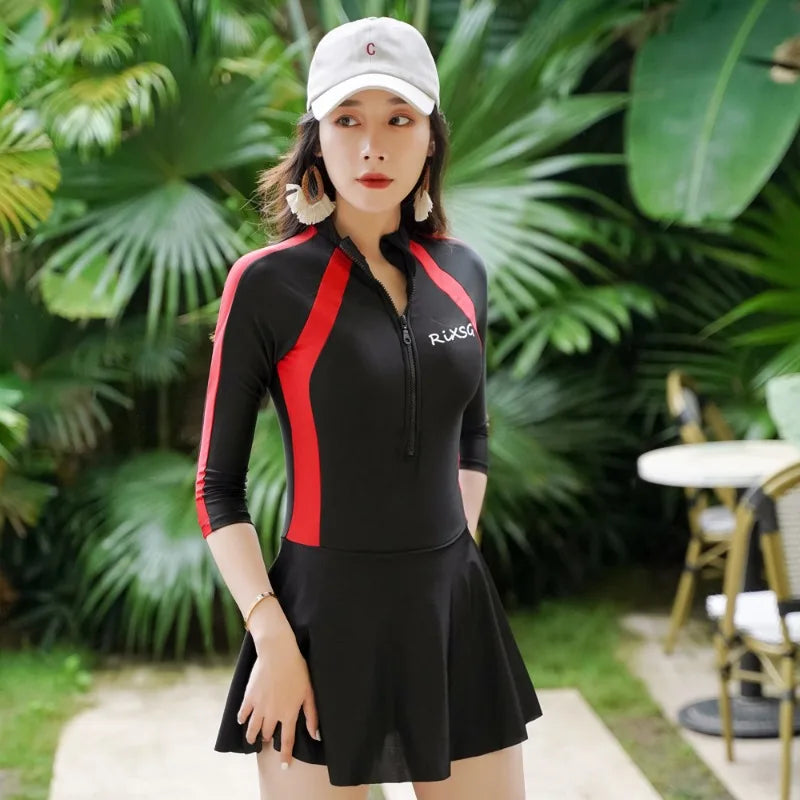 Female Swimsuit Manufacturer Korean Version Plus Size Spring Long Sleeved Jumpsuit Style Conservative Belly Covering Swimsuit
