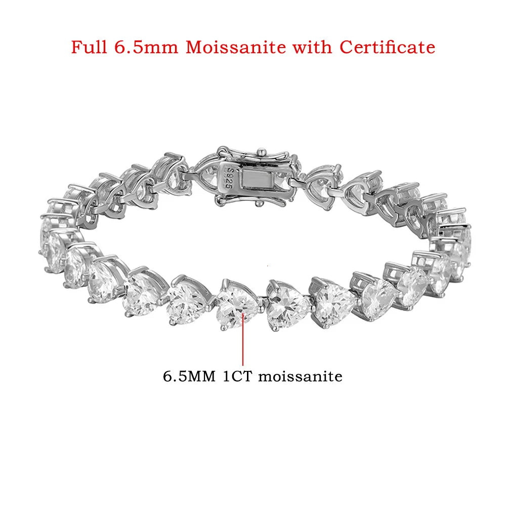 FEOBUR 3/5/6.5mm Heart Moissanite Tennis Bracelets with Certificate 925 Sterling Silver Sparkly Diamond Bangle for Women Jewelry