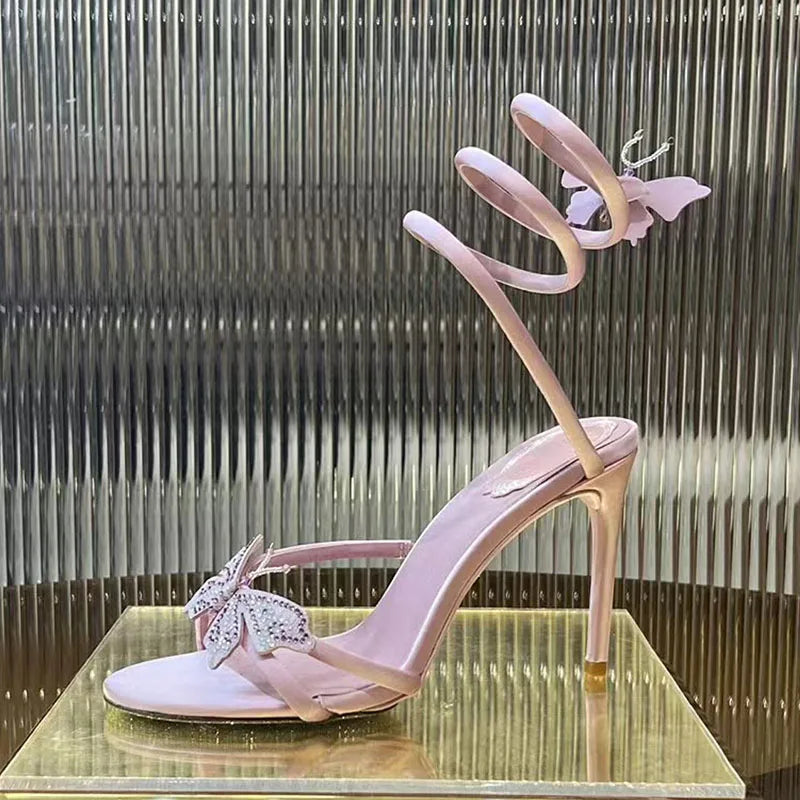 Summer High Heels Sandals Woman Butterfly-knot Rhinestone Snake Twine Around Ankle Strap Wedding Shoes Thin Heels Sandals Women