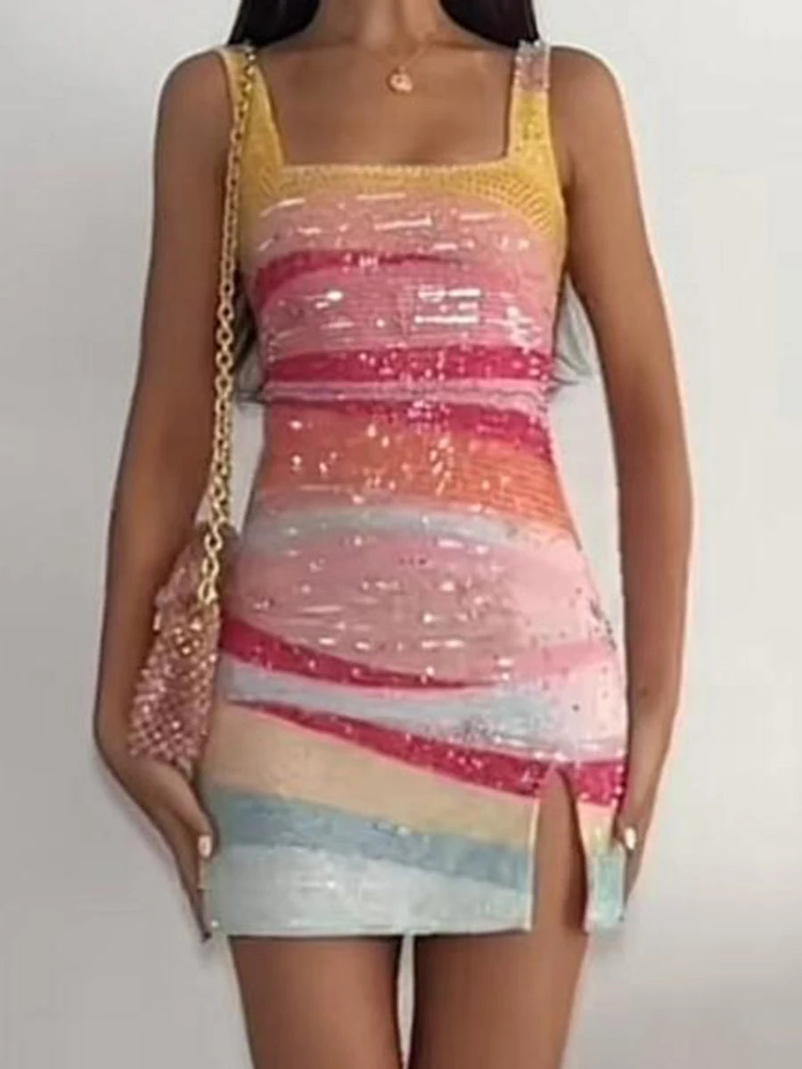 Elegant Lady Fit Banquet Short Dress Fashion Sequins Sleeveless Halter Evening Dress Summer New Women High Waist Wrap Hips Dress