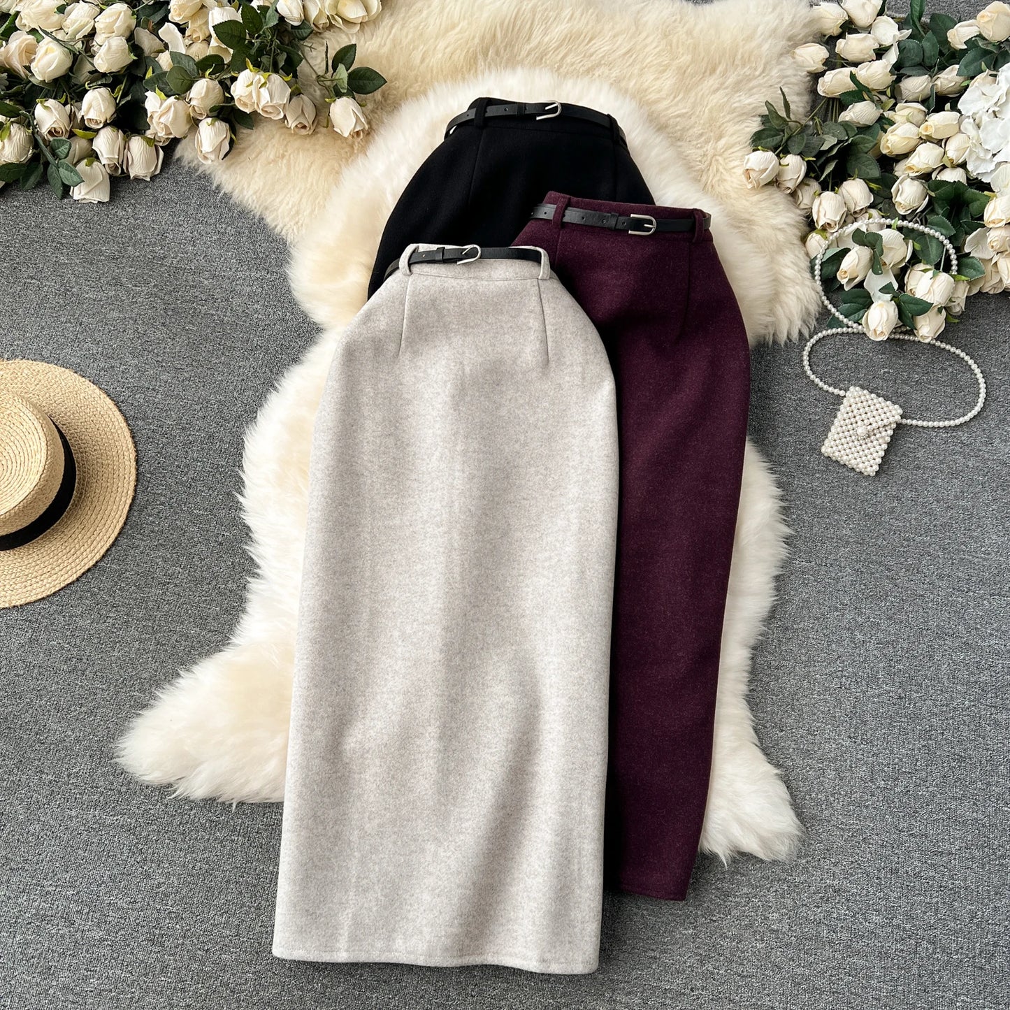 Woolen Midi Skirt Women Autumdn Winter High Waisted Elegant Pencil Skirt Female Slim Split Work Skirts