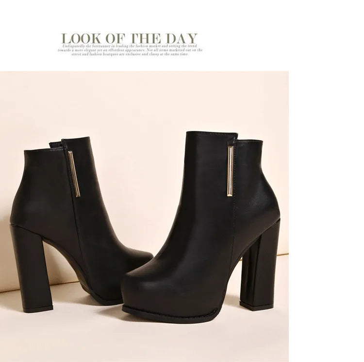 Autumn Winter Plush Boots Women British Thick Heel Waterproof Platform Thick Bottom Short Boot High Heels Lady