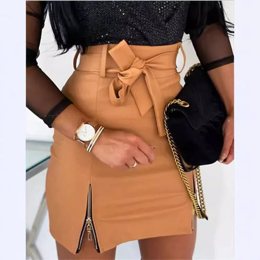 Leather PU Skirts Women Summer High Waist Sexy Strap Zipper High Waist Hip Leather Skirt Zipper Solid Color Sheath Bodycon Skirt