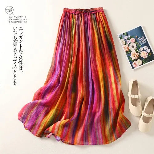 Summer Vintage Versatile Double Layered Flax A-Line Midi Skirt Slimming Elastic Waist Rainbow Stripes Long Skirt