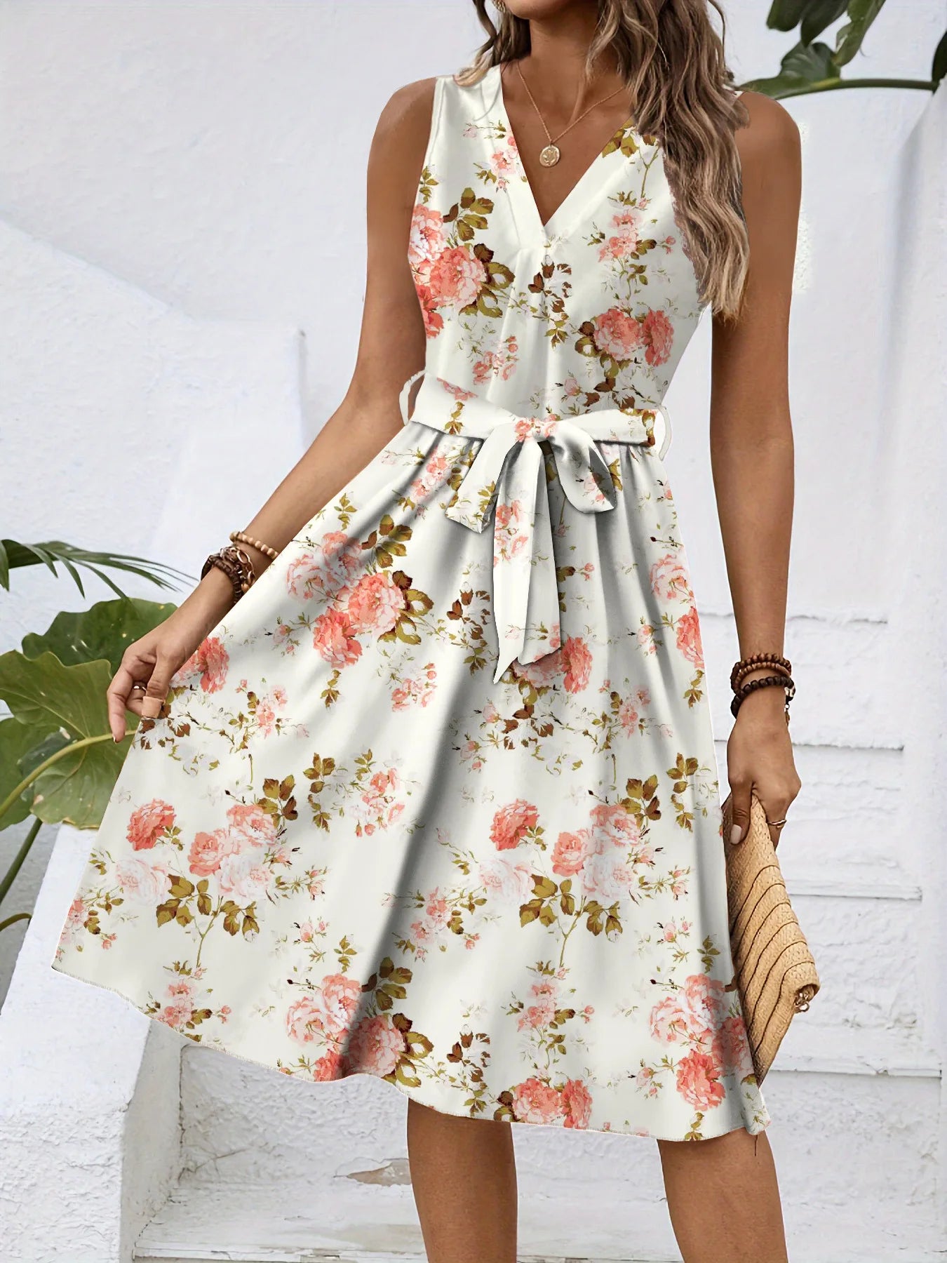 Dress Women Flower Print Dresses Sleeveless V Neck Lace Up Tight Waist Knee Length A Line Office Lady 2025 Summer Vestidos