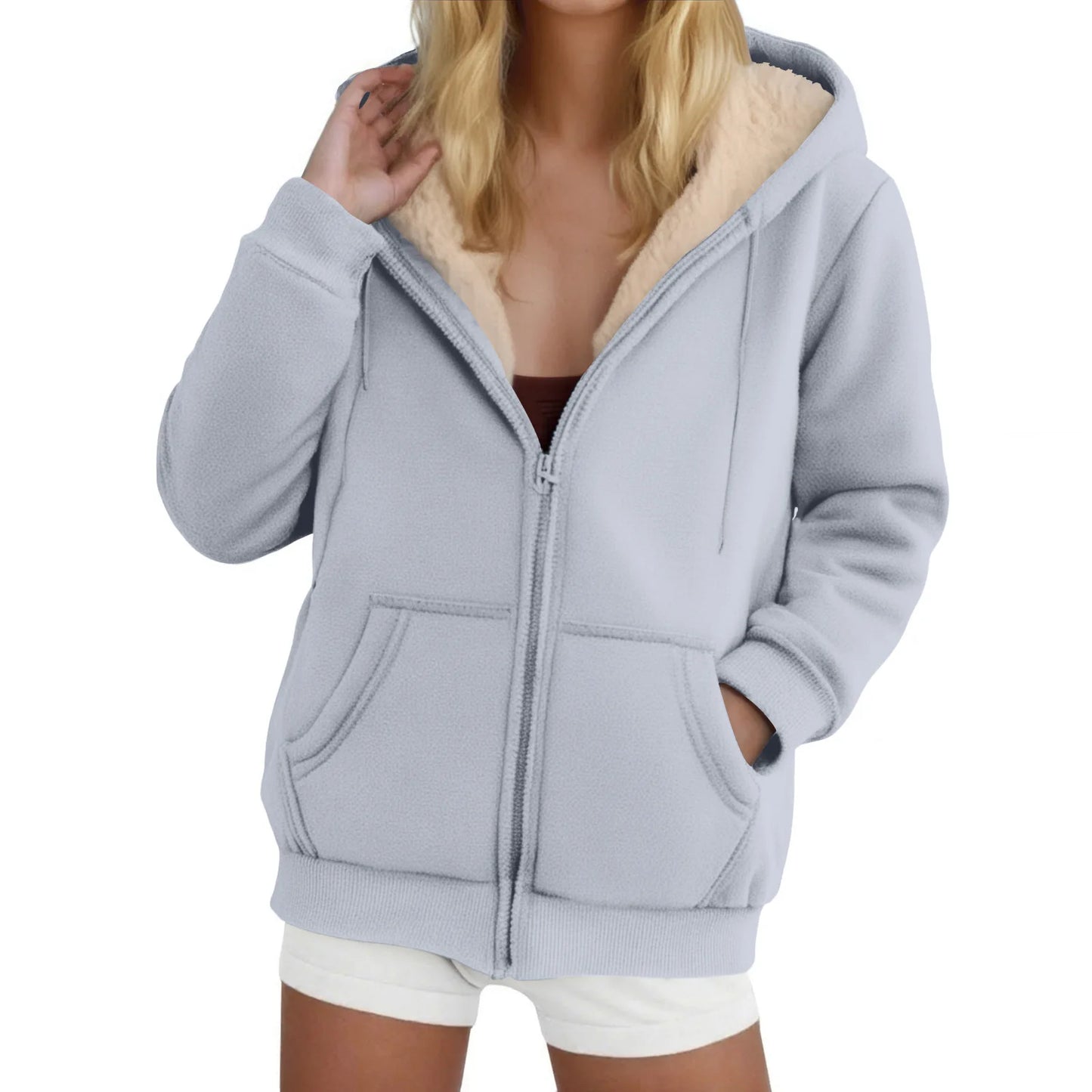 Women's Fleece-Lined Thickened Hooded Sweatshirt Solid Color Autumn Winter Thick Warm Hoodies Zipper Up Pocket Loose Jackets