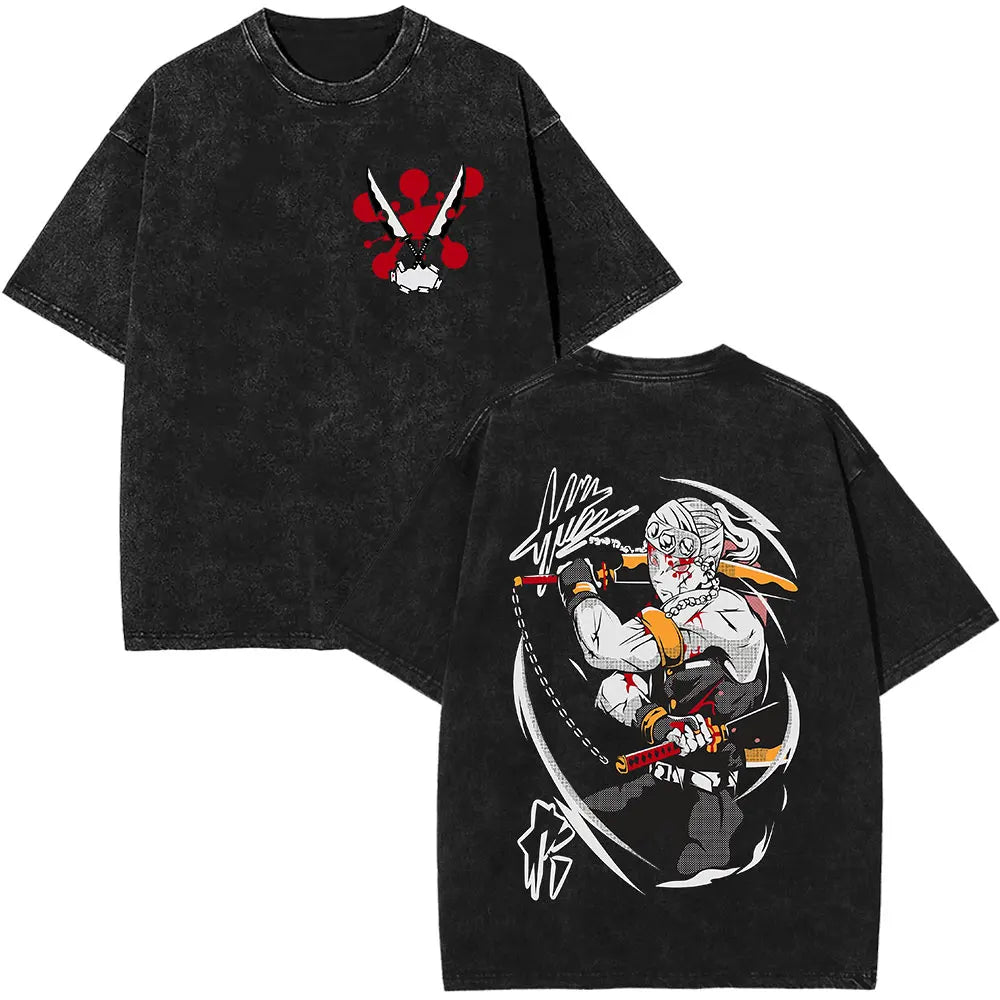 Demon Slayer Tengen Uzui Ninju Mice GYM Washed T Shirts Kimetsu No Yaiba Tee Shirt Cotton T-Shirt Unisex Casual Oversized Tops