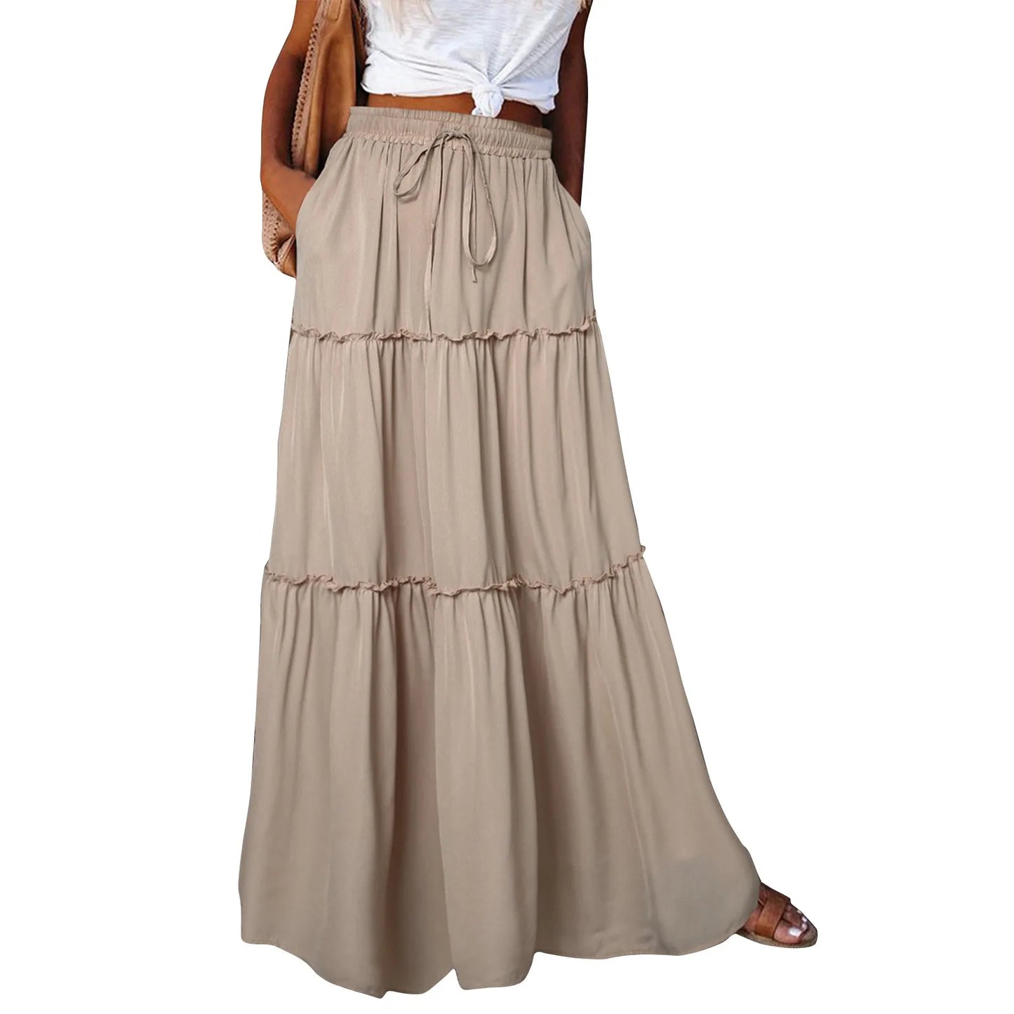 Women long skirt Fashion Solid Color Long Skirts Elastic Waist faldas Loose Casual High Waist saia Versatile Half-Body Dress