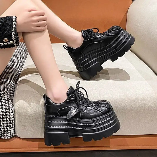 New 2025 Spring Women's Leather Sneakers High Platform Lace-up Casual Shoes Thick Sole 10CM Heels Walking Shoes