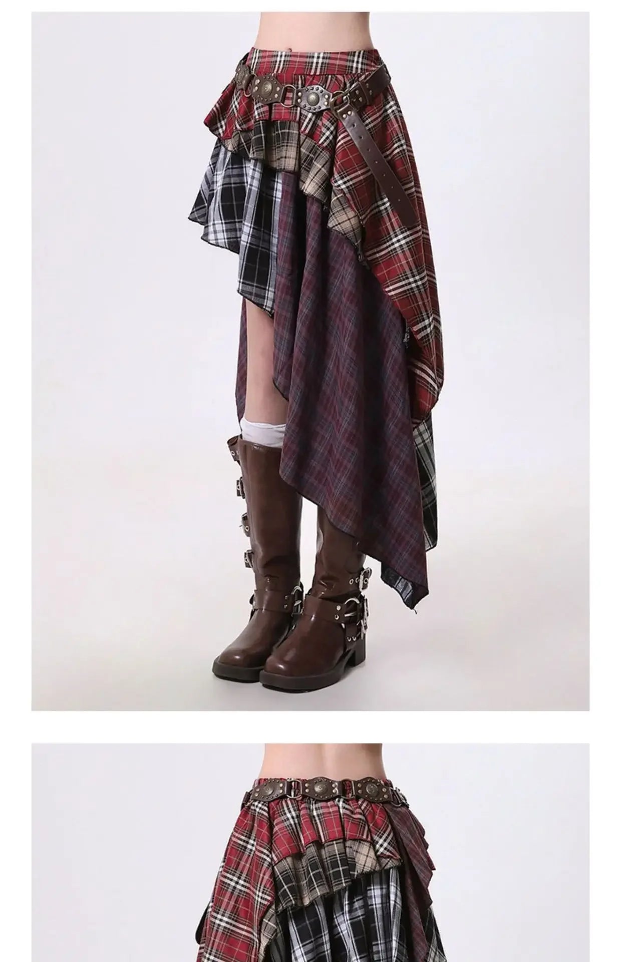 American Plaid Half Skirt Women's Spring Summer New Style Pleated Asymmetrical Color Block Short Skirt A- Line Polyester Fiber