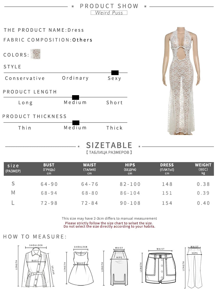 Weird Puss Lace Sexy Halter Dress Party Women Chic Backless Sleeveless Hollow Wedding Dinner Summer Vacation Bodycon Vestidos