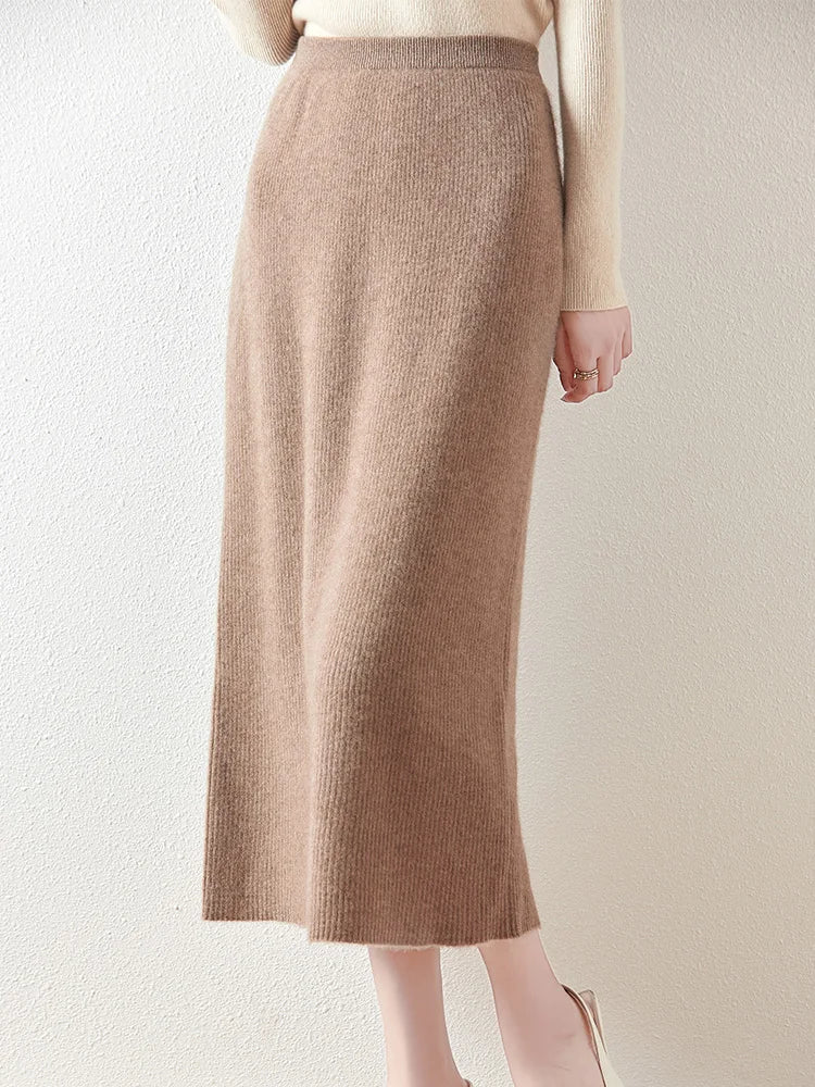 100% Merino Wool Knitted Half Skirt Autumn Winter Women's Elegant A-line Skirt High Waisted Mid Length Slimming Thick Warm Dress