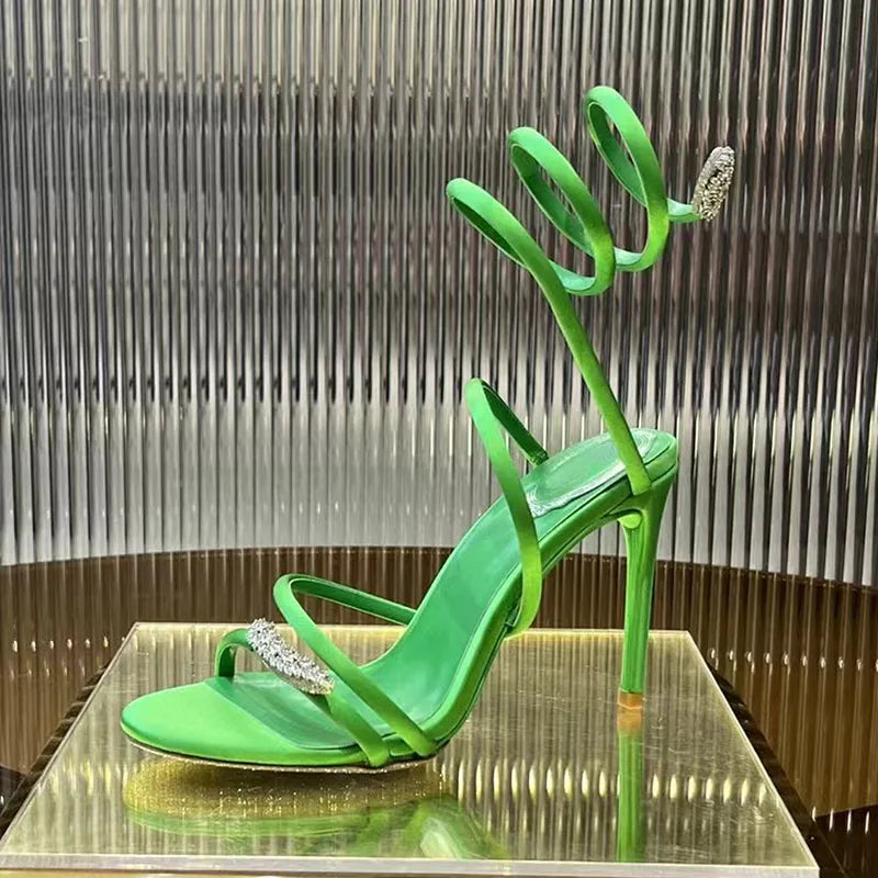 Summer High Heels Sandals Woman Butterfly-knot Rhinestone Snake Twine Around Ankle Strap Wedding Shoes Thin Heels Sandals Women