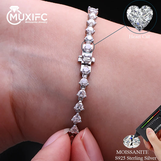 MUXIFC 3mm Heart Cut Moissanite Tennis Bracelet for Women Lab Diamond GRA Certified D VVS1 Link Bangle 925 Silver Luxury Jewelry