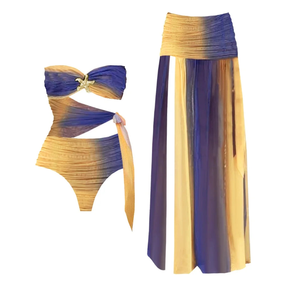 Bandage Swimwear with Skirt Slit Skirt Gradient Swimsuit Long Skirt Suit Swimsuits Women Bathing Suits Summer Beachwear Biquini