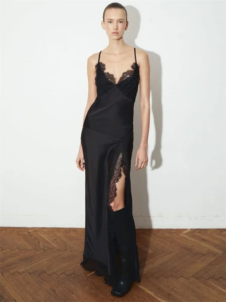 Tossy Black Lace Printed Long Dress For Women V-Neck Backless Slim Patchwork Spaghetti Party Dress Female Summer Bodycon Dress