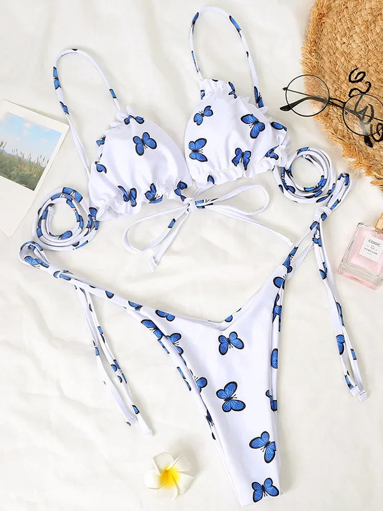 Sexy Printed Ruffled Frilled Thong Bikini Women Swimwear Female Swimsuit Two Pieces Bikini set Micro String Bathing Suit Swim