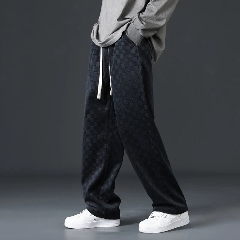 Men's Checkered Velvet Sweatpants, Loose Drawstring Trousers, Trendy Checkered Pattern, Fall and Winter Casual Streetwear