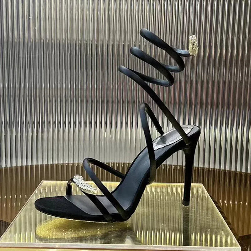 Summer High Heels Sandals Woman Butterfly-knot Rhinestone Snake Twine Around Ankle Strap Wedding Shoes Thin Heels Sandals Women