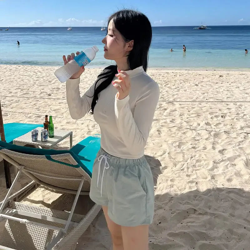 Fashionable Korean Dongdaemun Long Sleeve Women's Swimsuit Casual Beach Vacation Two Piece Conservative Student Bikini Set