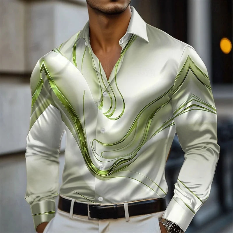 Men's geometric gradient wave satin long-sleeved shirt fashion casual vacation daily summer spring and autumn lapel shirt