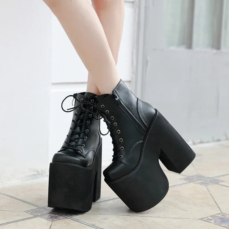 Maogu Women's Boots 2023 Solid High Heel Ankle Boots High Platform Quality Fashion Punk Goth Women Shoes Lace-up Big Size 42 43