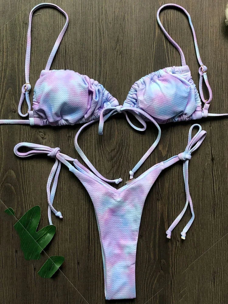 Sexy Printed Ruffled Frilled Thong Bikini Women Swimwear Female Swimsuit Two Pieces Bikini set Micro String Bathing Suit Swim