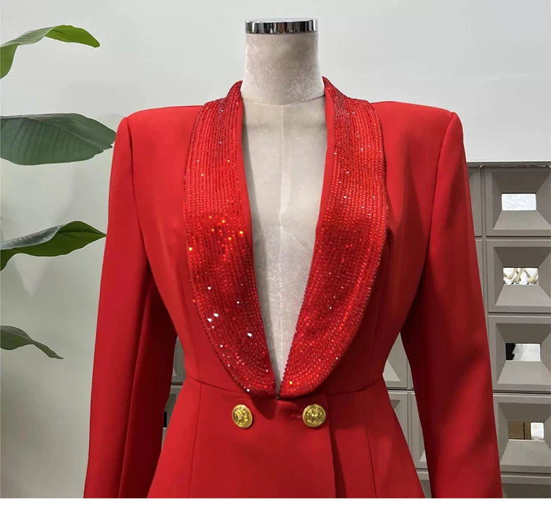 2025 autumn women's new fashion temperament deep V-neck heavy industry beading stitching design sense backless women's suit jack