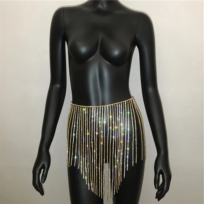 Sparkly Crystal Rhinestone Tassel  Mini Skirt Women Fashion See Through Hollow Out Metal Chain Nightclub Party Beach Outfits