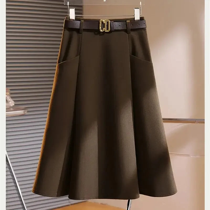 New Spring Autumn Fashion Skirt Women Elegant High Waist Solid Color A-line Casual Midi Skirts Office Lady Women's Clothing