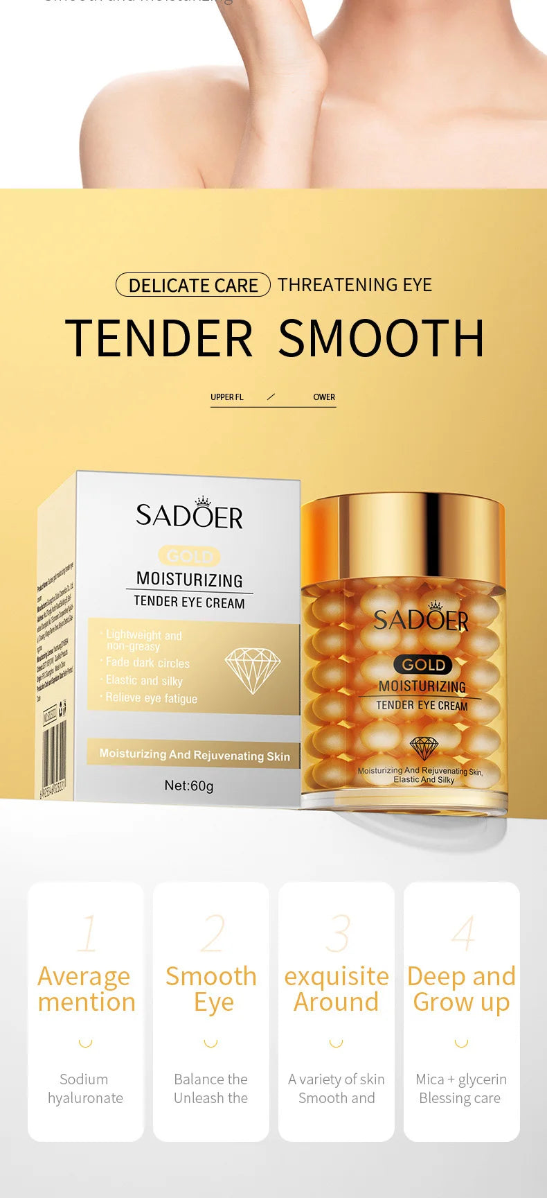 SADOER Hyaluronic Acid 24K Golden Sakura Eye Cream Anti Dark Circles Anti Wrinkles Moisturizing Anti-aging Creams Eyes Skin Care
