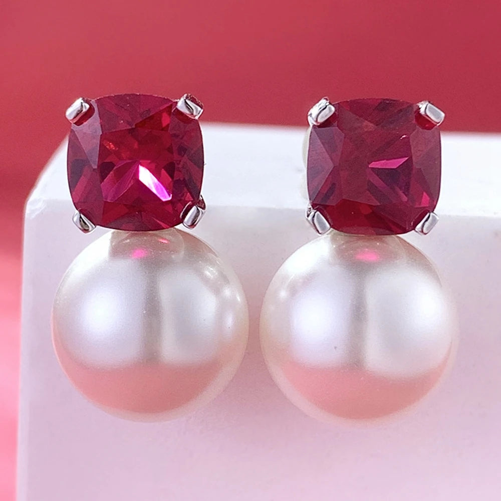 Vinregem 12 MM Pearl Ruby Gemstone Vintage Ear Studs Earrings for Women 925 Sterling Silver Fine Jewelry Wedding Party Wholesale