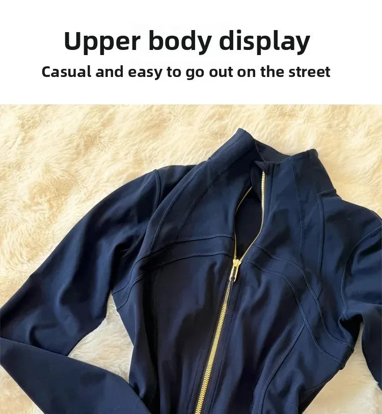 Light Blue Yoga Wear Women's Thin Outerwear 2025 New Shoulder Fit Waist Cinch Early Autumn Fishbone Sports Top