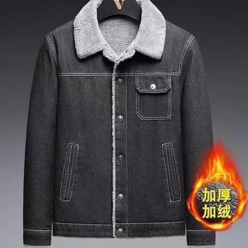 2025 Men's fleece denim jacket, autumn and winter warmth, casual, teen slim jacket