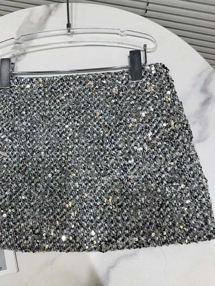 DEAT Trendy New Collection Women's Sequins Tweed Skirts 2025 Spring Fashion Zipper High Waist Wrap Hip Skirt Female 11XX7555