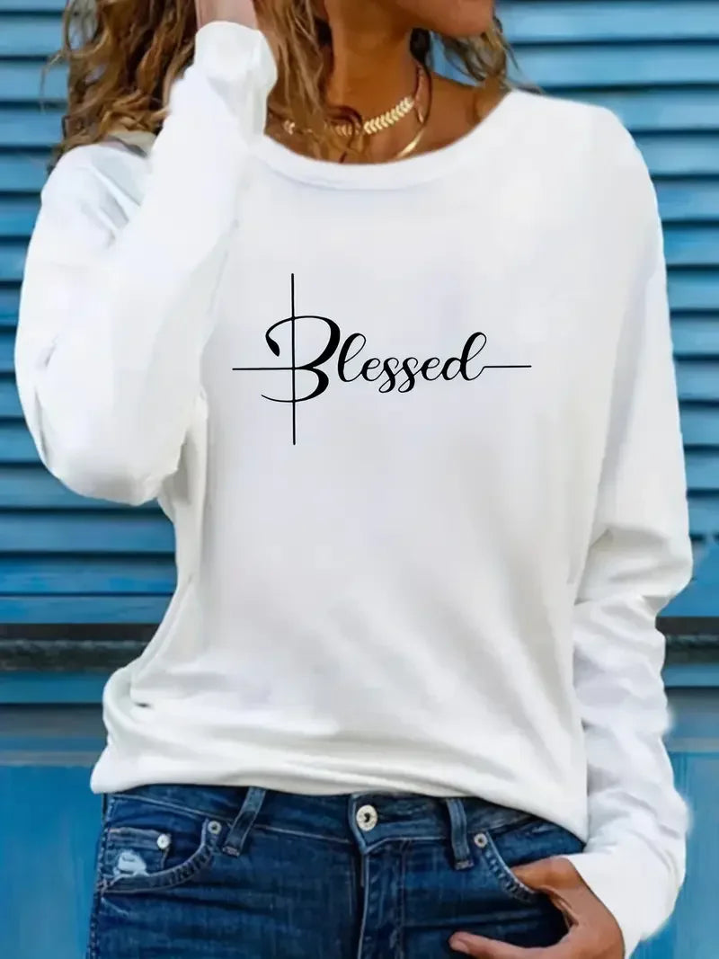Fashion Y2k Blessed Print Crew Neck T-shirt Casual Top Long Sleeve T Shirt Women's Clothing Harajuku T Shirt