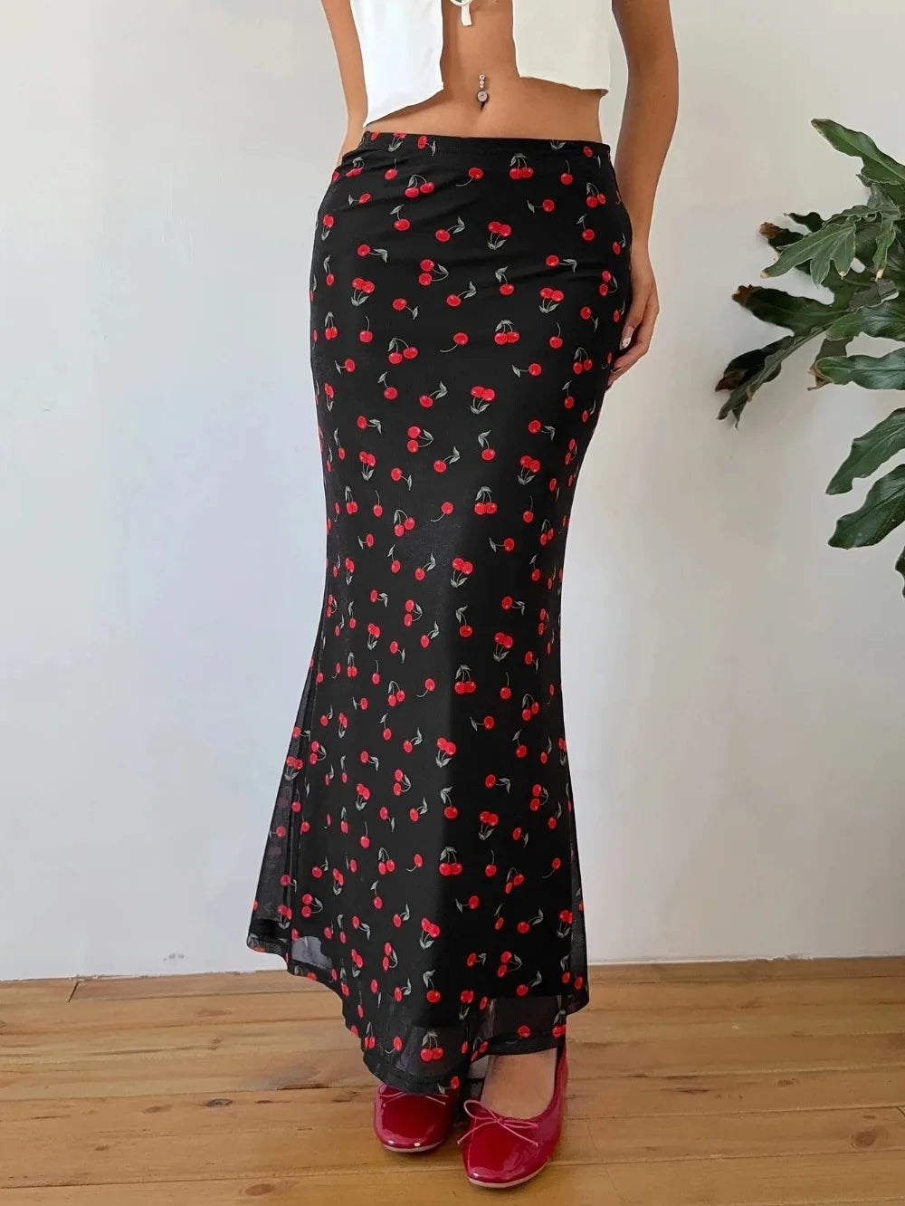 Summer Fashion Long Skirts for Women's Cherry Print High Waist Contrast Patchwork Slim Elegant Sexy Slim Ladies Y2k Maxi Skirt