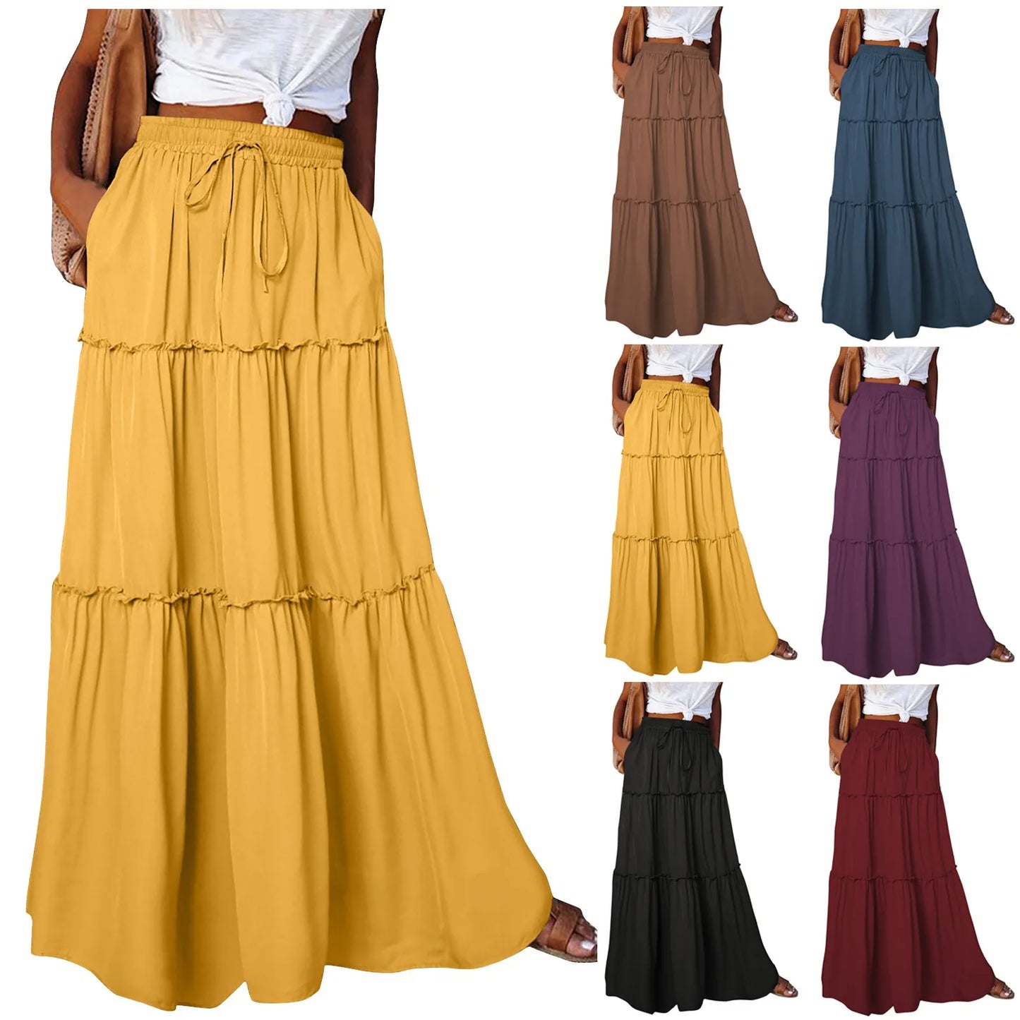 Women long skirt Fashion Solid Color Long Skirts Elastic Waist faldas Loose Casual High Waist saia Versatile Half-Body Dress