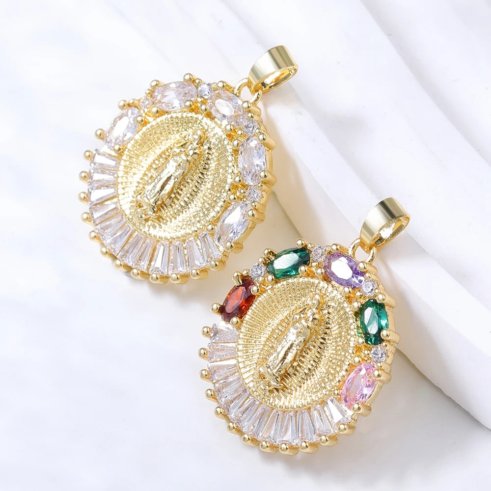 Juya 18K Real Gold Plated Religious Pendant Jewelry Making Supplies Creative Saint Mary Virgin Christian Cross Charms Supplies