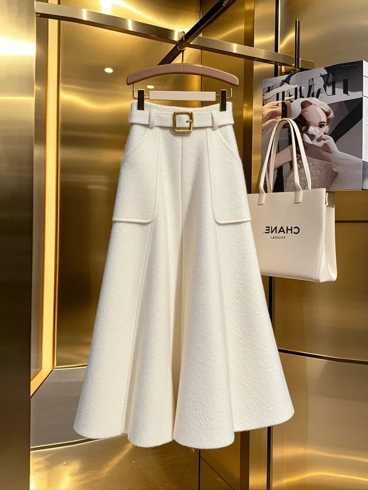 New French High End Elegant Skirt Women Fashion Pockets High Waist Casual A-line Slim Office Lady Skirts Spring Autumn Clothing