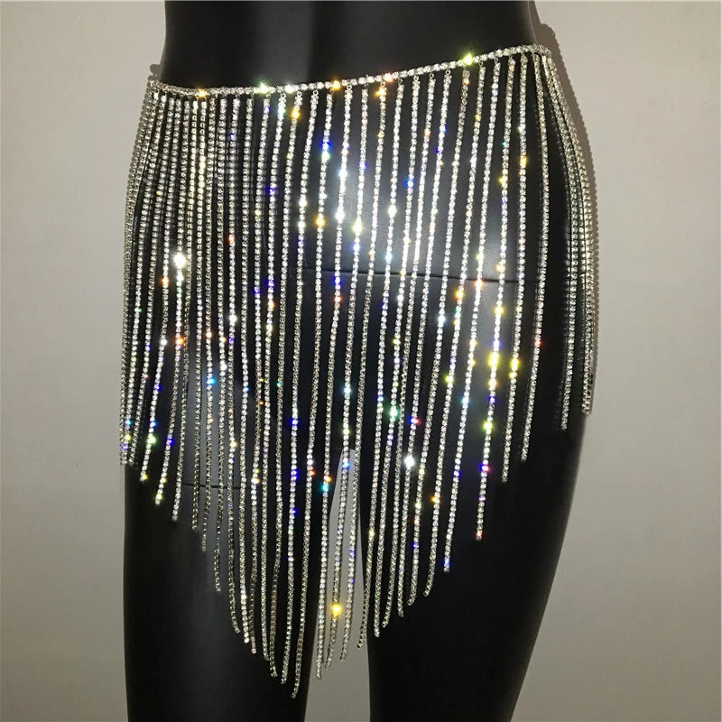 Sparkly Crystal Rhinestone Tassel  Mini Skirt Women Fashion See Through Hollow Out Metal Chain Nightclub Party Beach Outfits