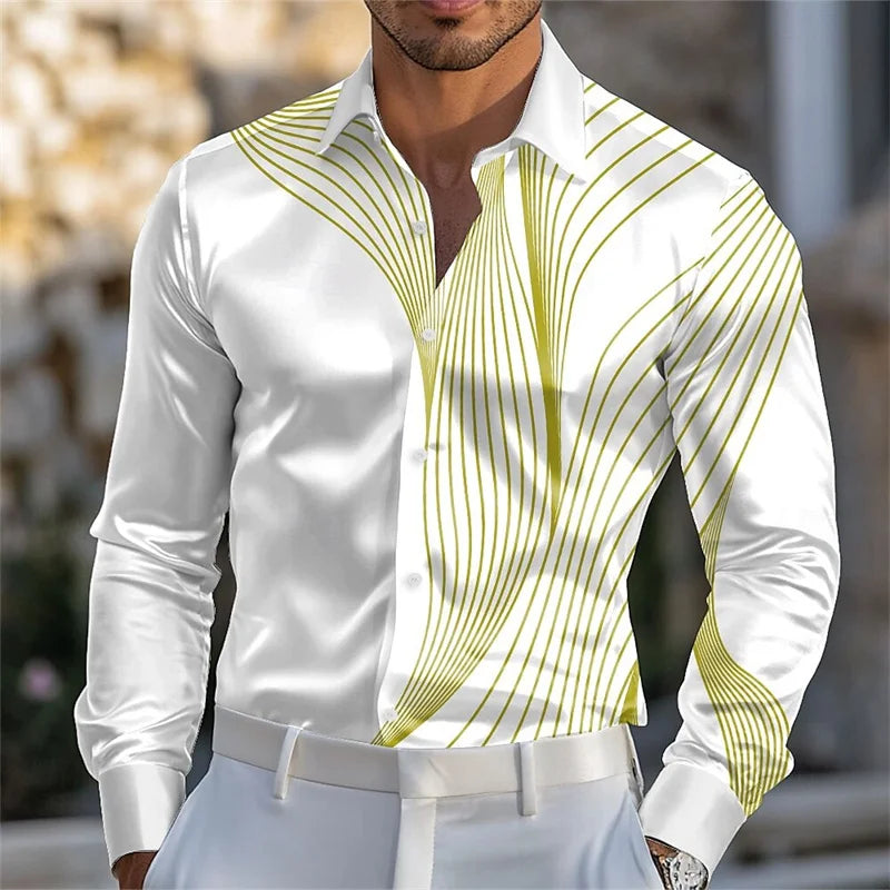 Men's geometric gradient wave satin long-sleeved shirt fashion casual vacation daily summer spring and autumn lapel shirt